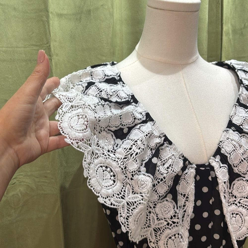 Miguelina Black polka dot crochet lace detailed Mini Dress, M - Picture 8 of 12